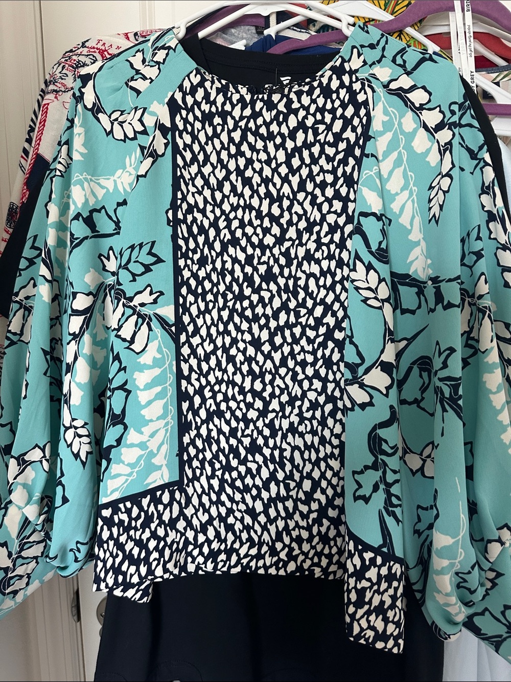 Chico's Aqua and Navy Mixed-Print Raglan Blouse